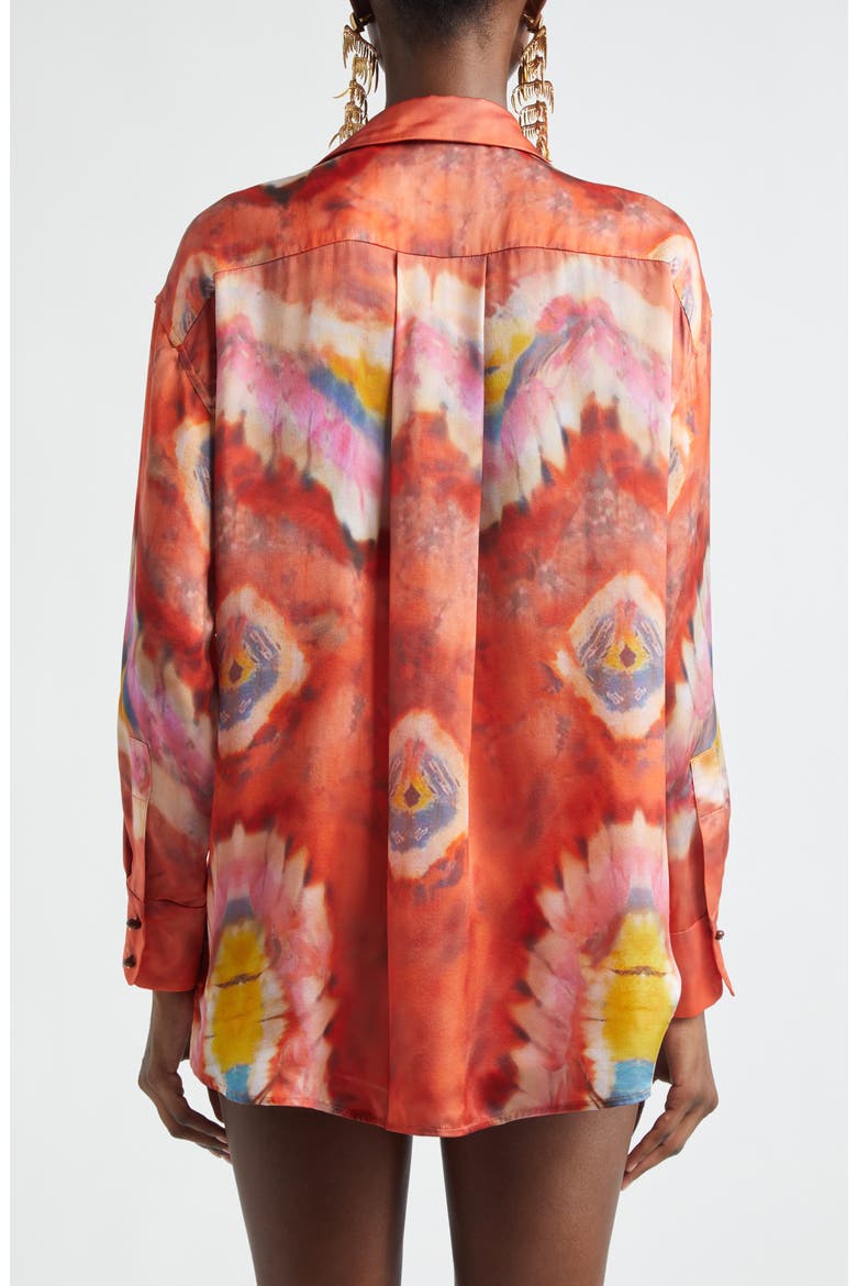 Kindred Spirit Alchemy Relaxed Silk Satin Button-Up Shirt, Alternate, color, RUBY TIE DYE