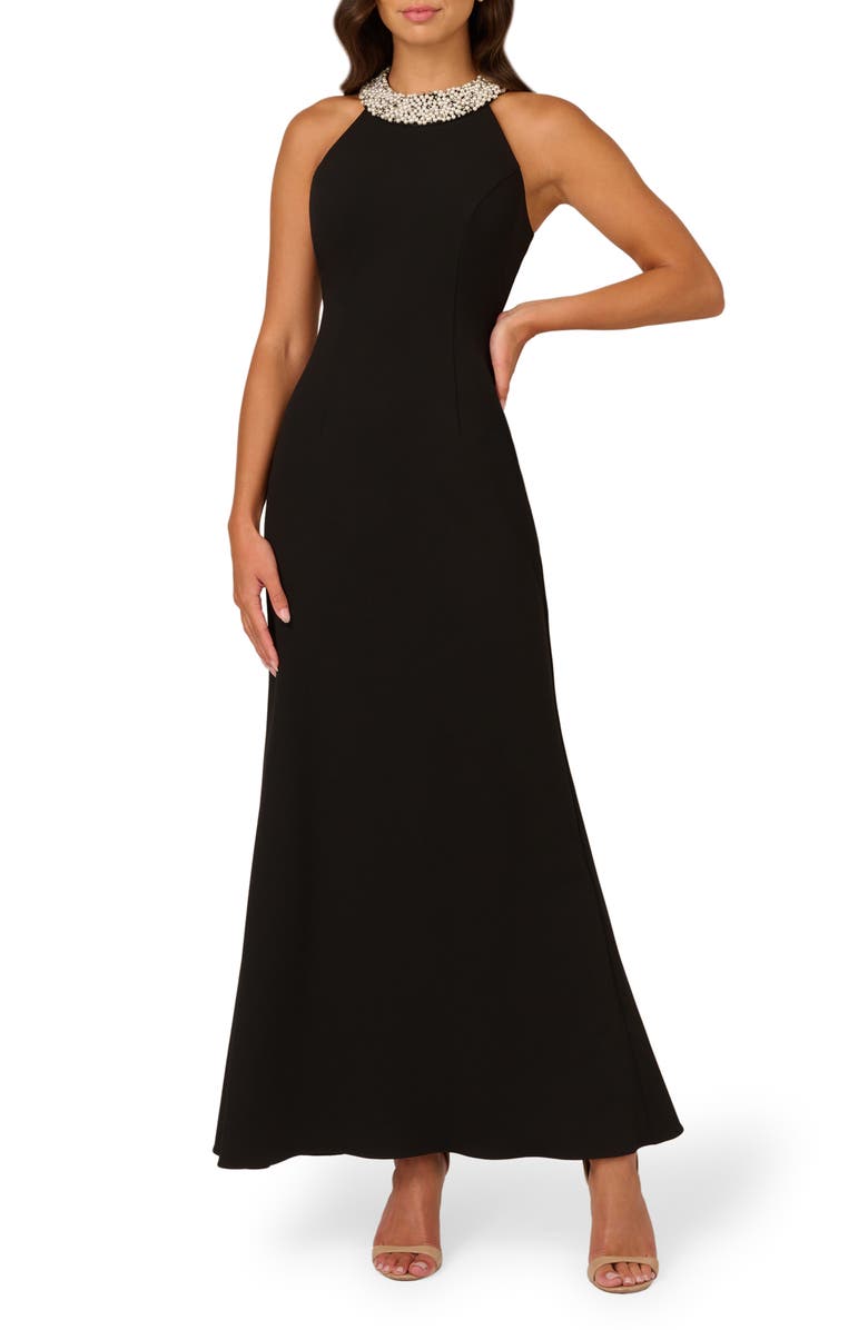Adrianna Papell Imitation Pearl Embellished Neck Mermaid Gown, Main, color, Black