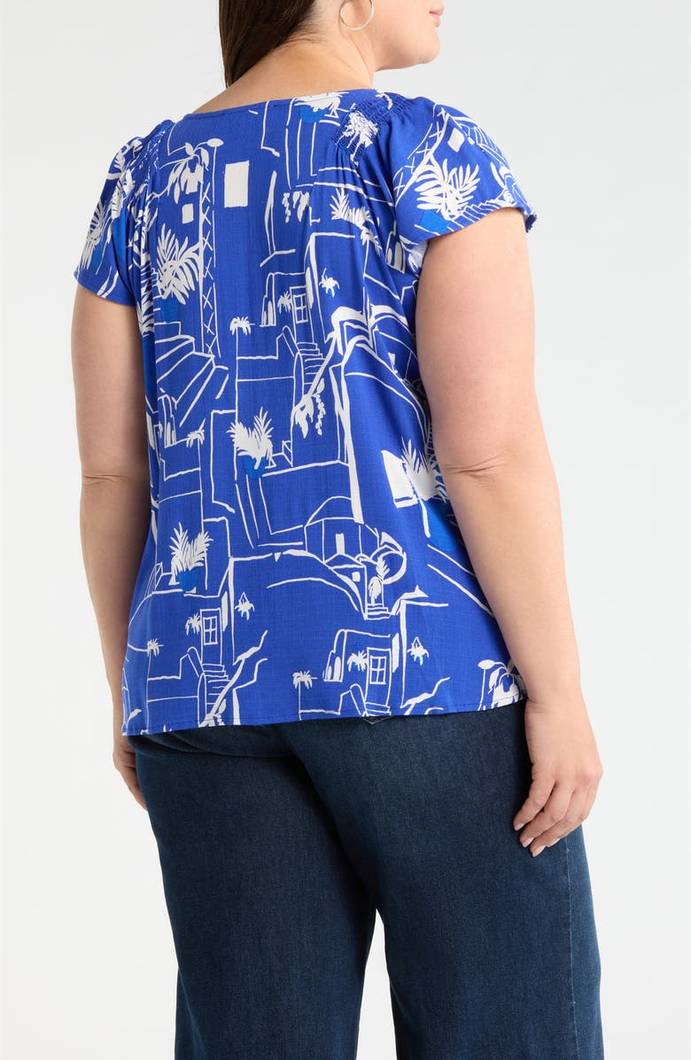 SUGARLIPS Town Print Smocked Top, Alternate, color, White/ Blue Multi