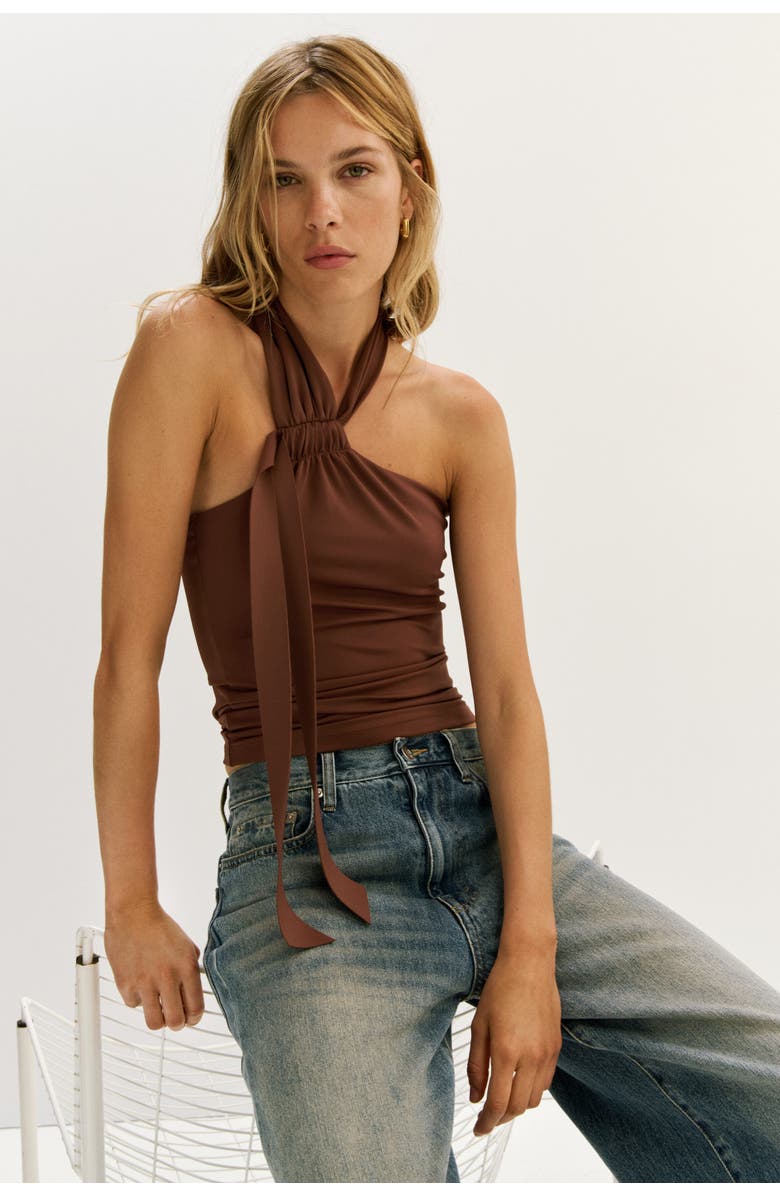 H&M Strap-detail Halterneck Top, Alternate, color, Brown