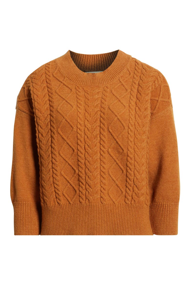 Three-Quarter Sleeve Cable Knit Sweater, Alternate, color, COGNAC