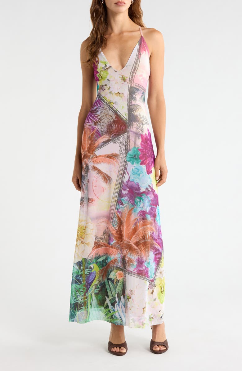 AFRM Romy Postcard Print Mesh Slipdress, Main, color, Vacation Tropic