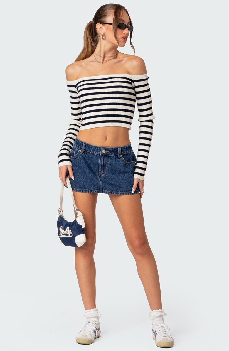 EDIKTED Miranda Stripe Rib Off the Shoulder Long Sleeve Knit Crop Top, Alternate, color, Mix