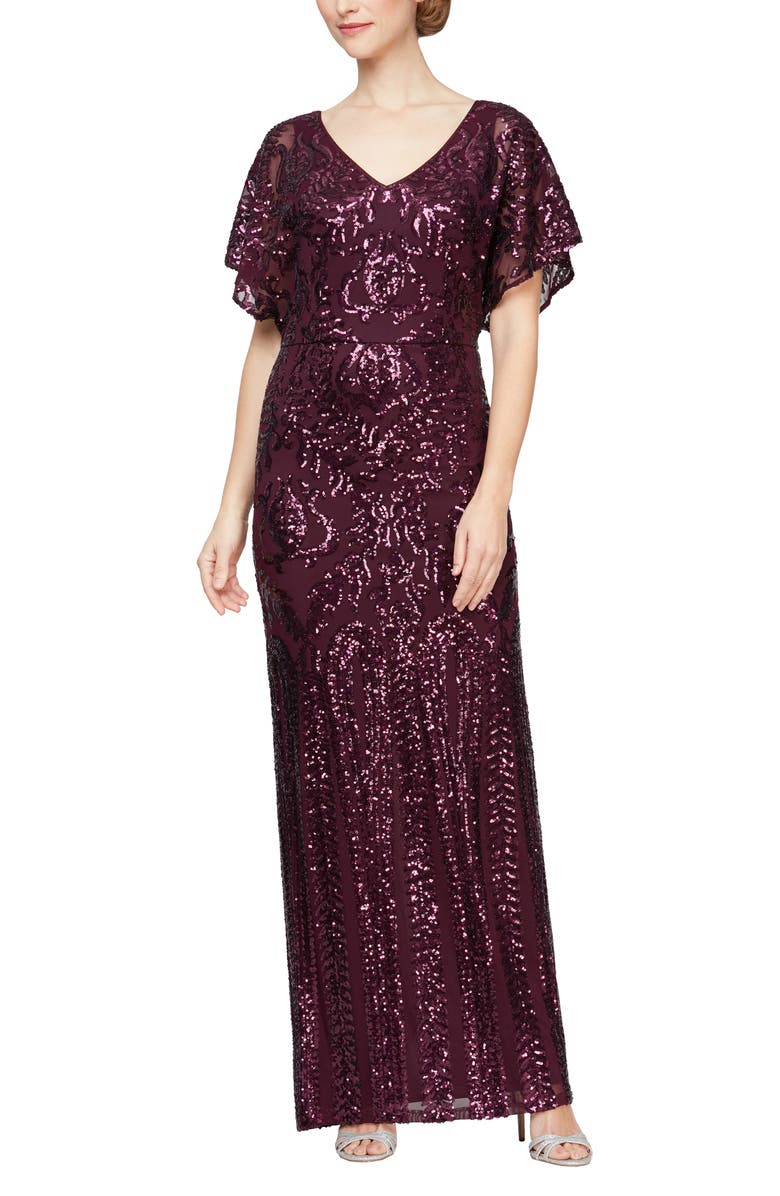 Alex Evenings Sequin V-Neck Flutter Sleeve Gown, Main, color, 