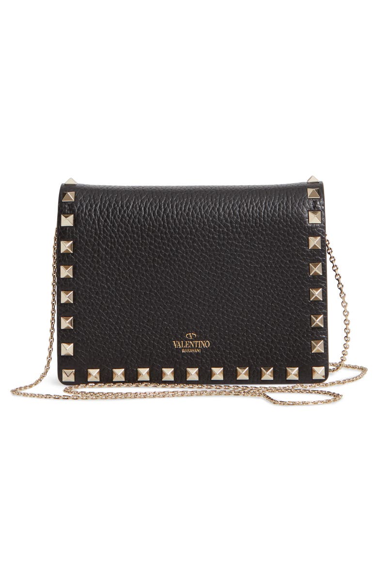 Valentino Garavani Rockstud Leather Pouch Wallet on a Chain, Alternate, color, 