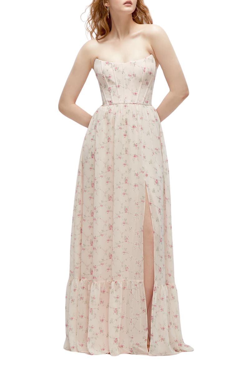 Strapless Corset Chiffon Gown, Main, color, COQUETTE FLORAL PRINT