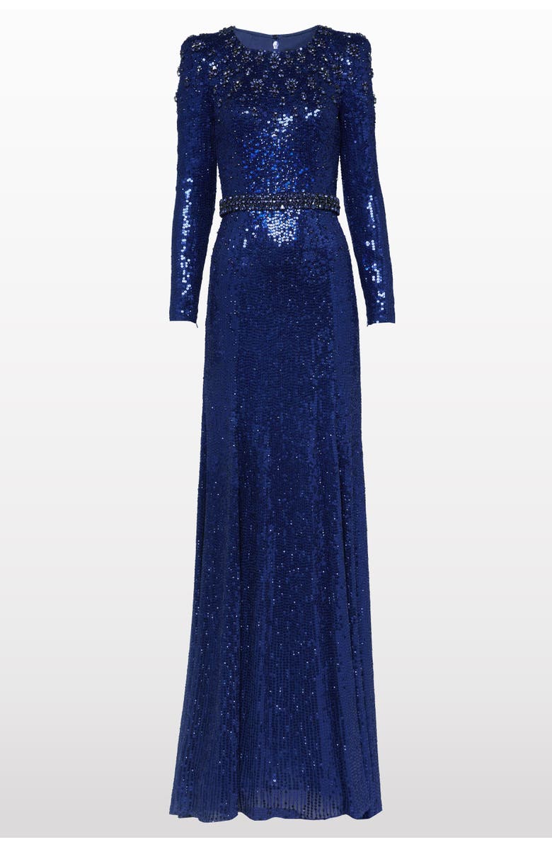 Jenny Packham Georgia Sequined Long-Sleeve Gown, Main, color, Light Navy
