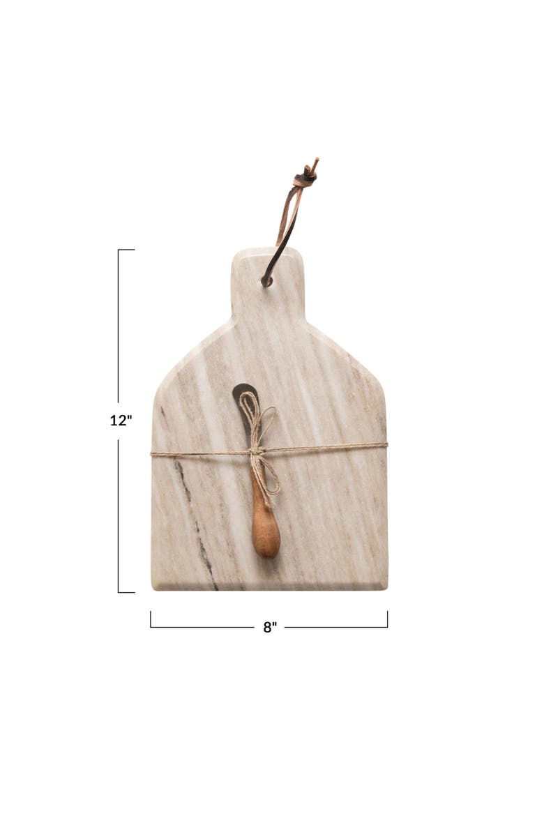 Marble Cheese and Cutting Board with Handle, Leather Tie and Canape Knife, Buff, Alternate, color, Brown
