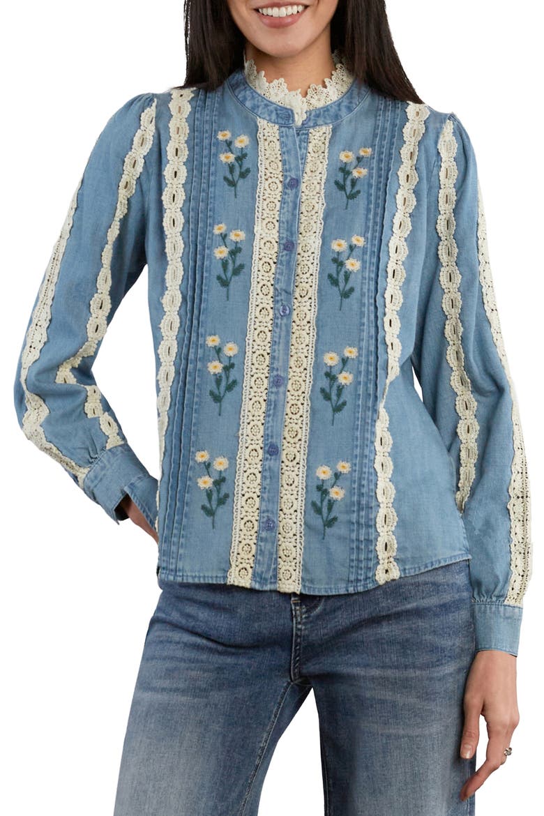 Embroidered Lace Pintuck Shirt, Main, color, WASHED BLUE