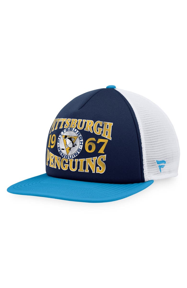 FANATICS Men's Fanatics Branded Navy/Light Blue Pittsburgh Penguins Heritage Vintage Foam Front Trucker Snapback Hat, Main, color, 