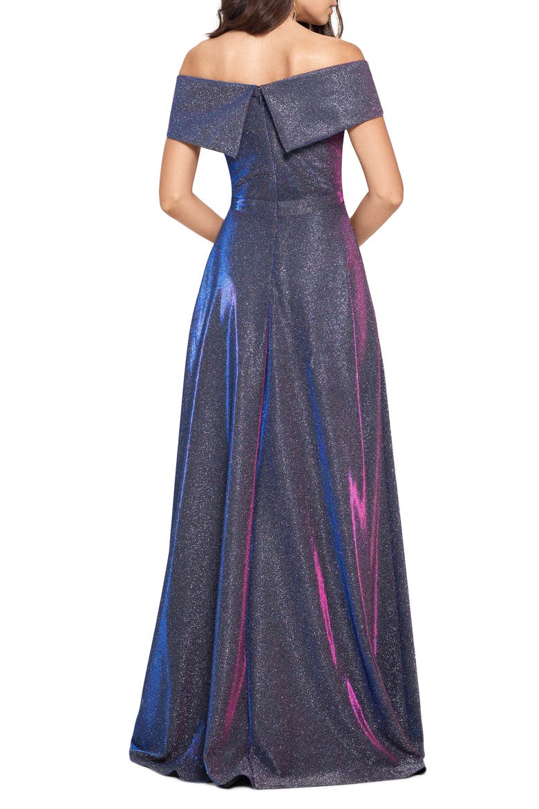 Xscape Off the Shoulder Glitter Gown, Alternate, color, BLACK/ SILVER/ FUSHA