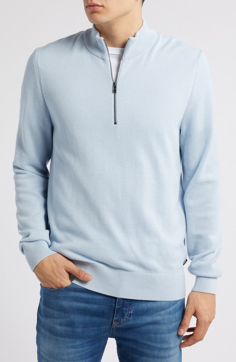 BOSS Ebrando Textured Cotton Half Zip Sweater, Main, color, Light Blue