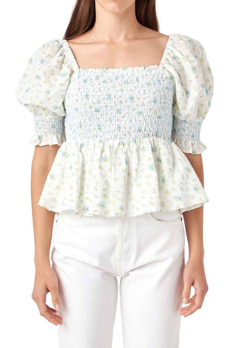 Floral Print Puff Sleeve Peplum Blouse, Main, color, BLUE MULTI