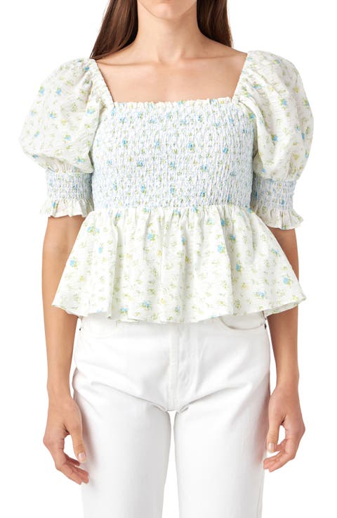 Floral Print Puff Sleeve Peplum Blouse