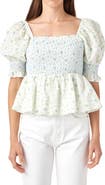 English Factory Floral Print Puff Sleeve Peplum Blouse