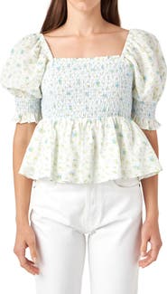 English Factory Floral Print Puff Sleeve Peplum Blouse