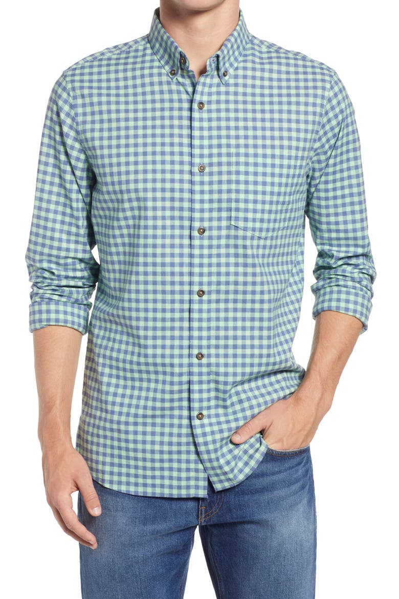 Trim Fit Gingham Linen & Cotton Button-Down Shirt, Main, color, BLUE - GREEN CL GINGHAM