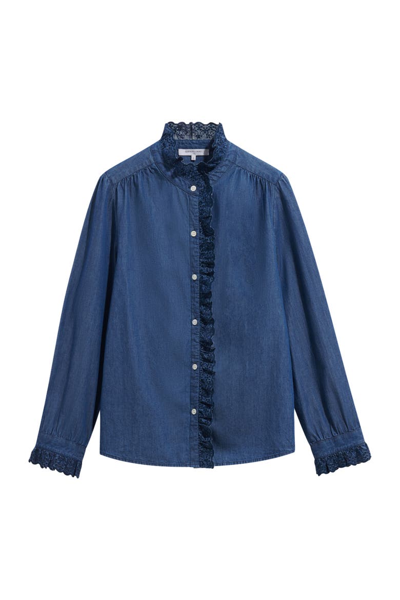 Loupy High Neck Lace Trim Shirt, Alternate, color, Jeans