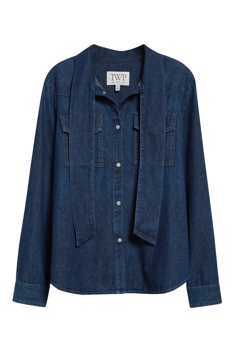 Ranchers Daughter Tie Neck Denim Shirt, Alternate, color, DARK WASH