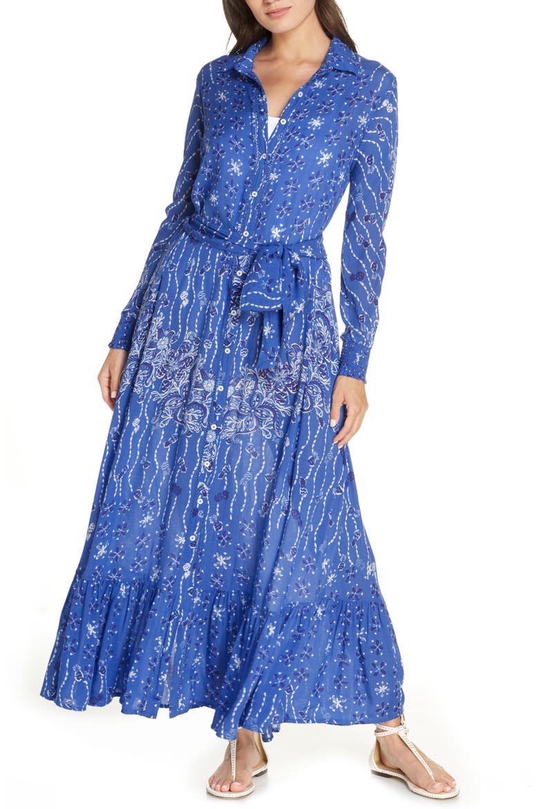 Long Sleeve Cover-Up Maxi Dress, Main, color, BLUE PINEAPPLE BATIK ROMBO
