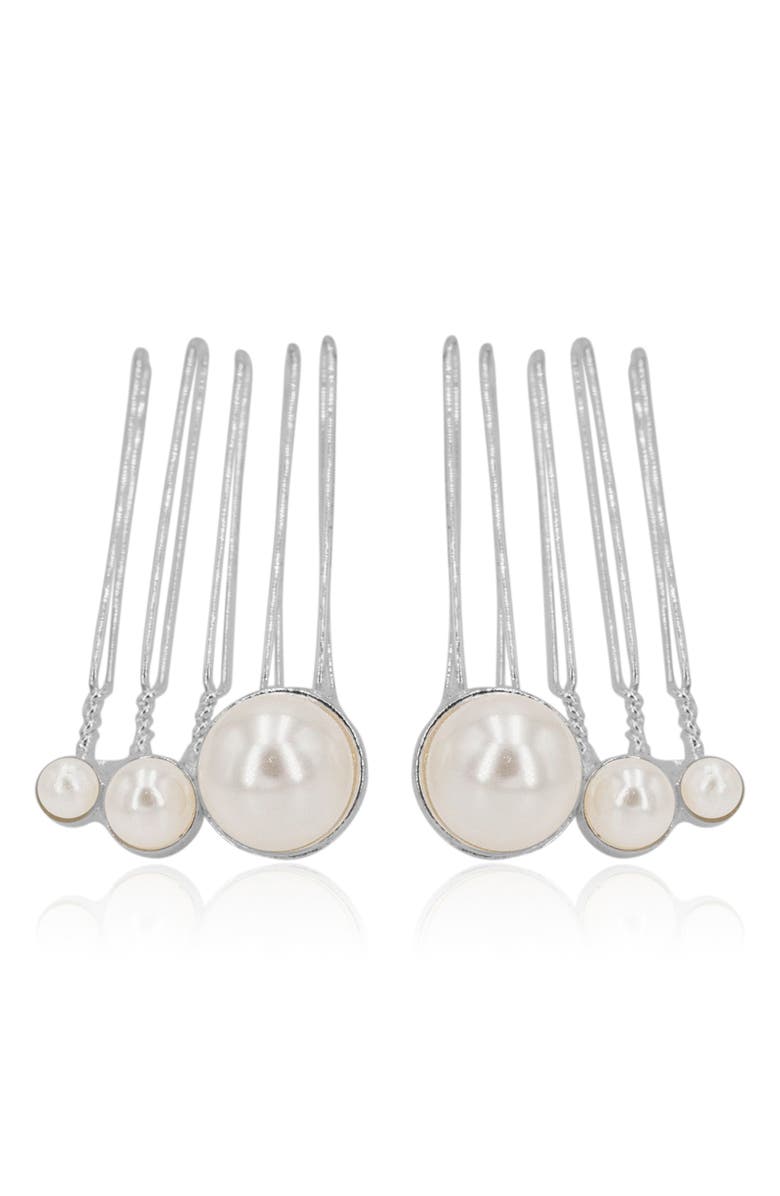 Brides & Hairpins Feya Set of 2 Imitation Pearl Hair Combs, Main, color, Silver