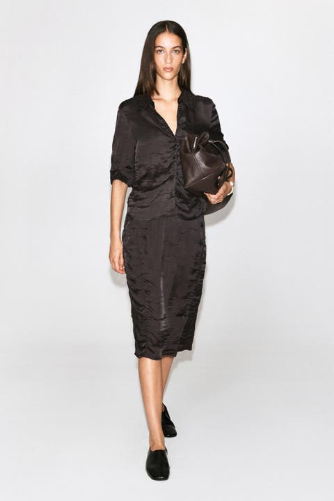 Gathered Crinkled Midi Skirt