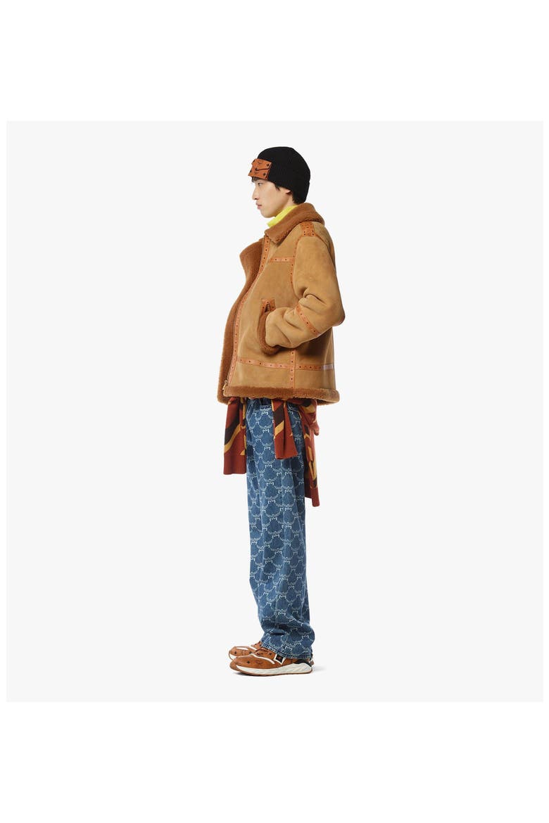 Jacket in Suede Shearling and Monogram Print Leather, Alternate, color, Cognac