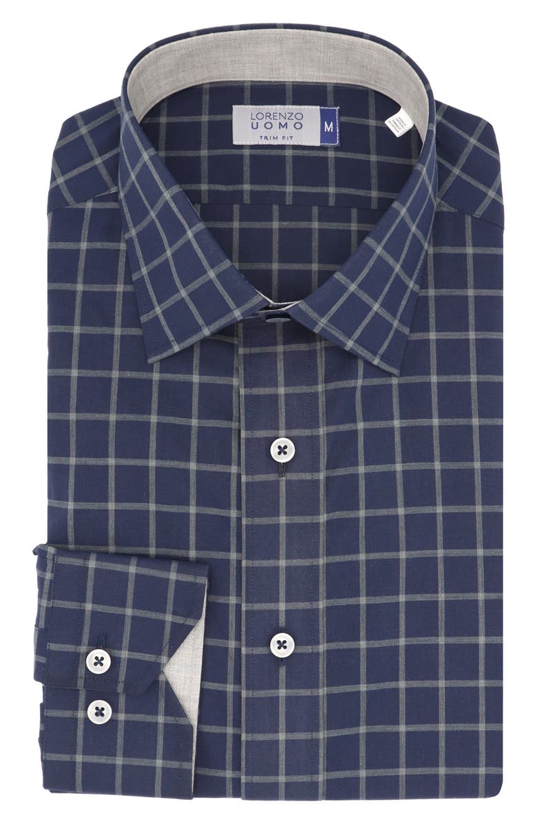 Lorenzo Uomo Trim Fit Windowpane Cotton Dress Shirt, Alternate, color, Indigo/ Grey
