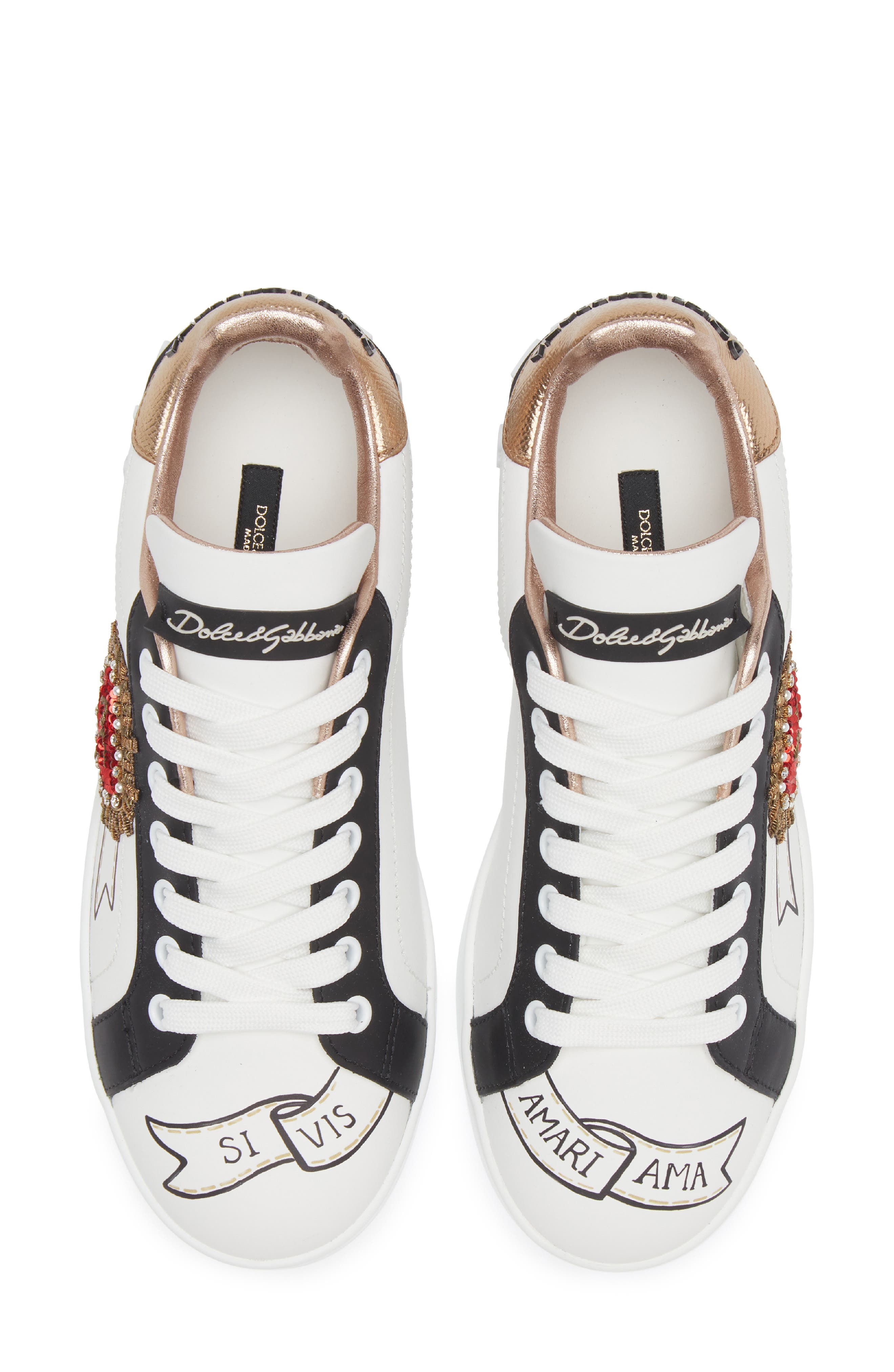 Dolce&Gabbana Portofino Embellished Leather Sneaker, Alternate, color, Embroidery- White/ Gold