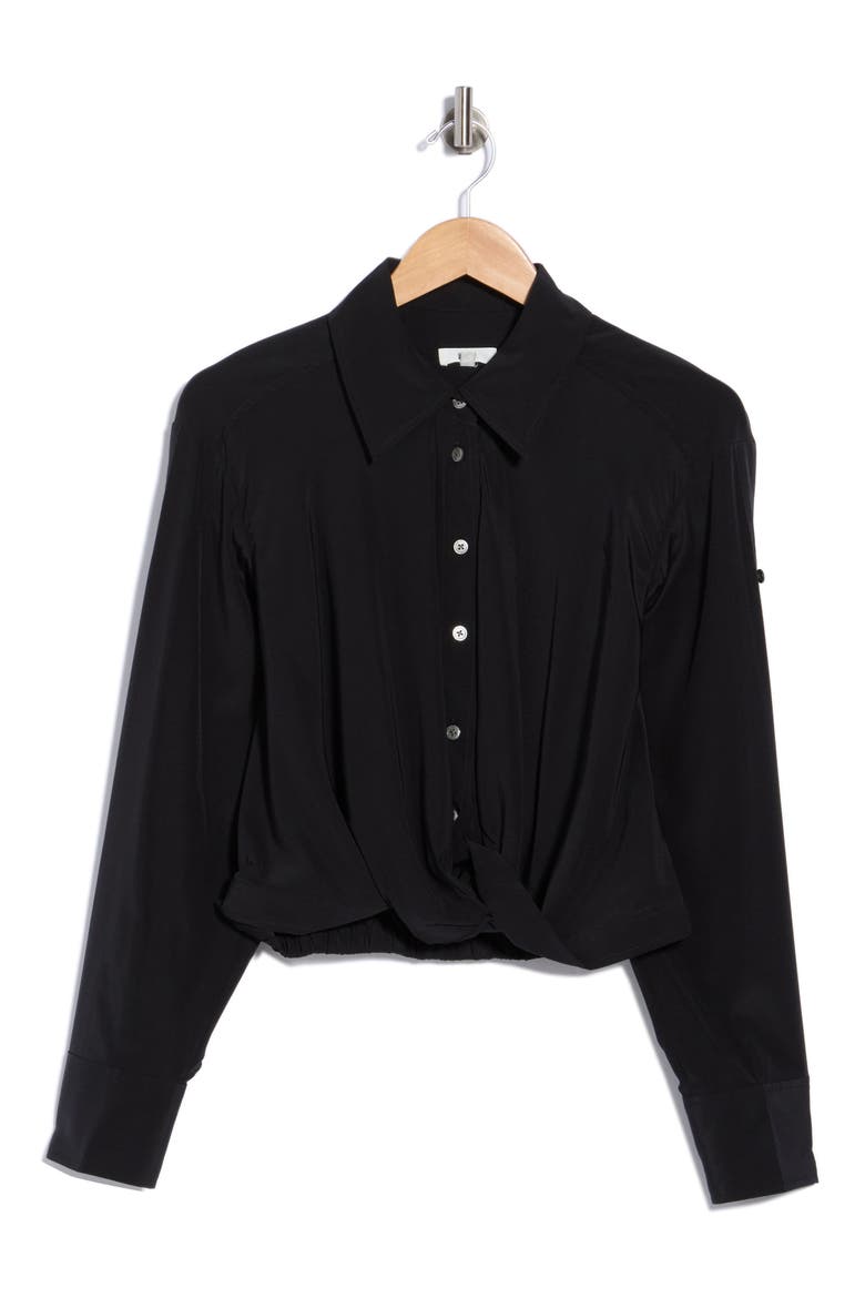 Leo Silk Blend Crop Button-Up Shirt, Main, color, BLACK