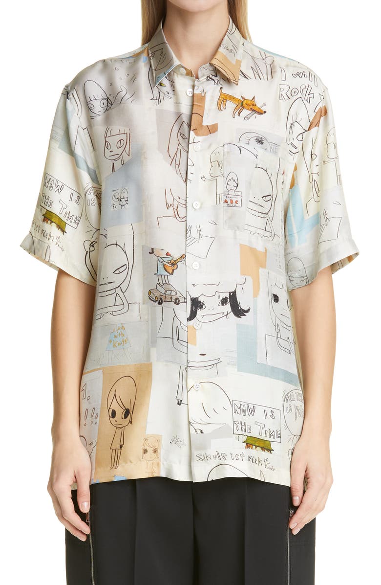 Stella McCartney x Yoshitomo Nara Ricky Print Silk Button-Up Shirt, Main, color,
