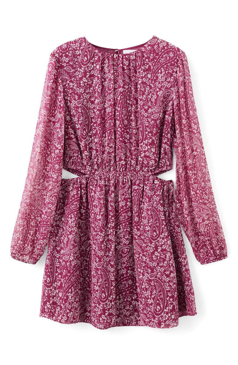 MANGO TEEN Paisley Cutout Long Sleeve Dress, Alternate, color, Maroon