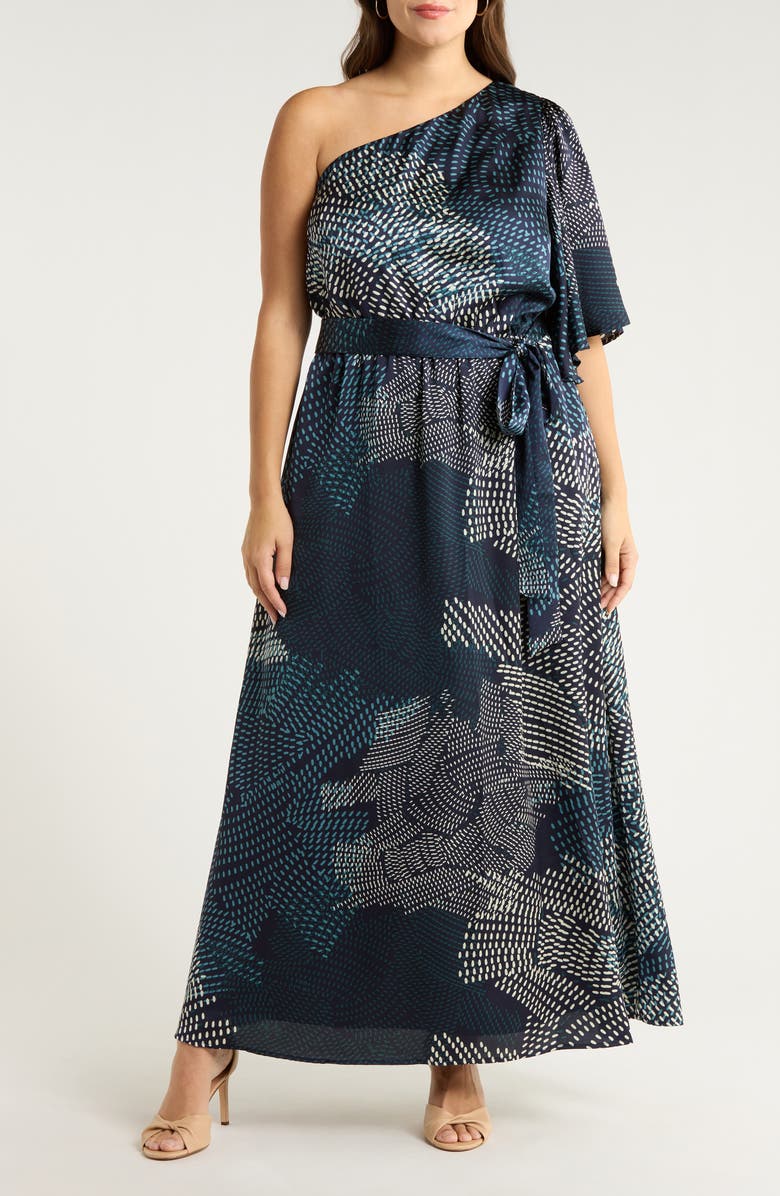 SUGARLIPS Kirby Print One-Shoulder Satin Maxi Dress, Main, color, Navy-Cream