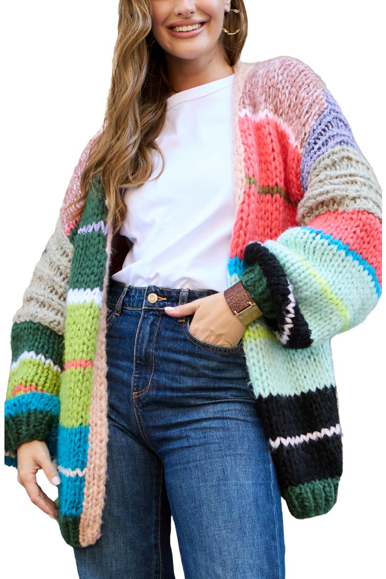 Rainbow Chunky Knit Cardigan, Main, color, BLACK/ BLUE/ RED MULTI