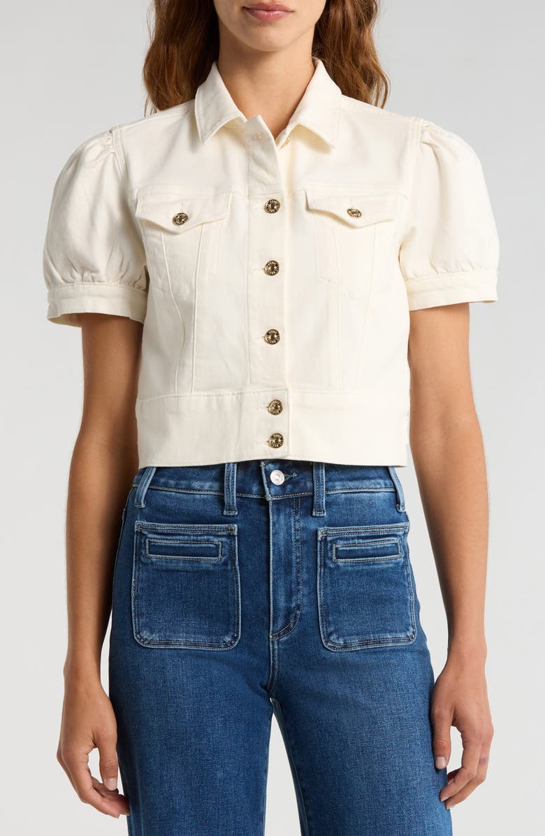 PAIGE Kendra Short Sleeve Crop Denim Jacket, Alternate, color, Tonal Ecru