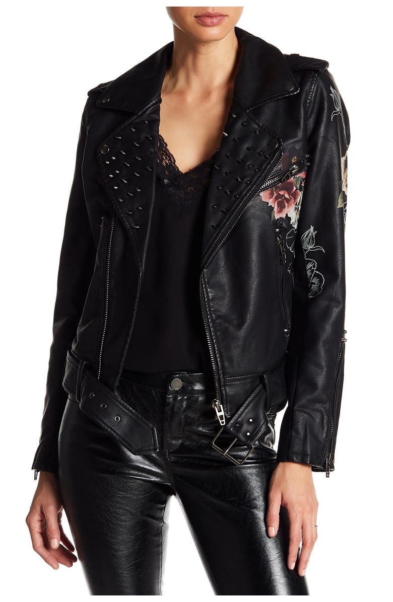 BLANKNYC Studded Floral Faux Leather Moto Jacket, Main, color,