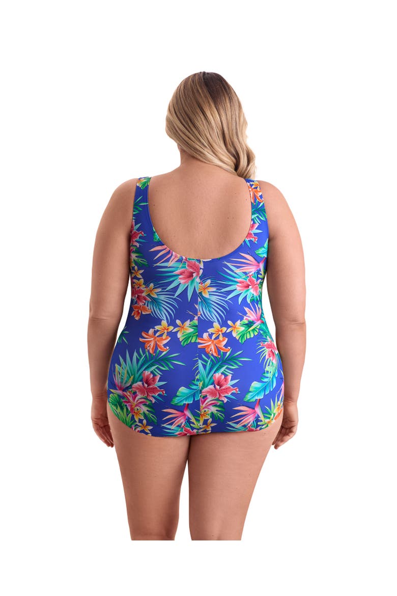 Shirred Front Princess Seam Girl Leg Plus Size One-Piece Swimsuit, Alternate, color, Tropical Tendencies