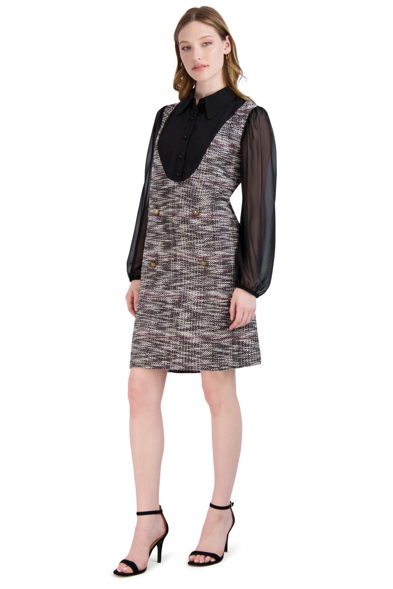 Long Sleeve Mixed Media Pinafore Dress, Alternate, color, BLACK/MULT