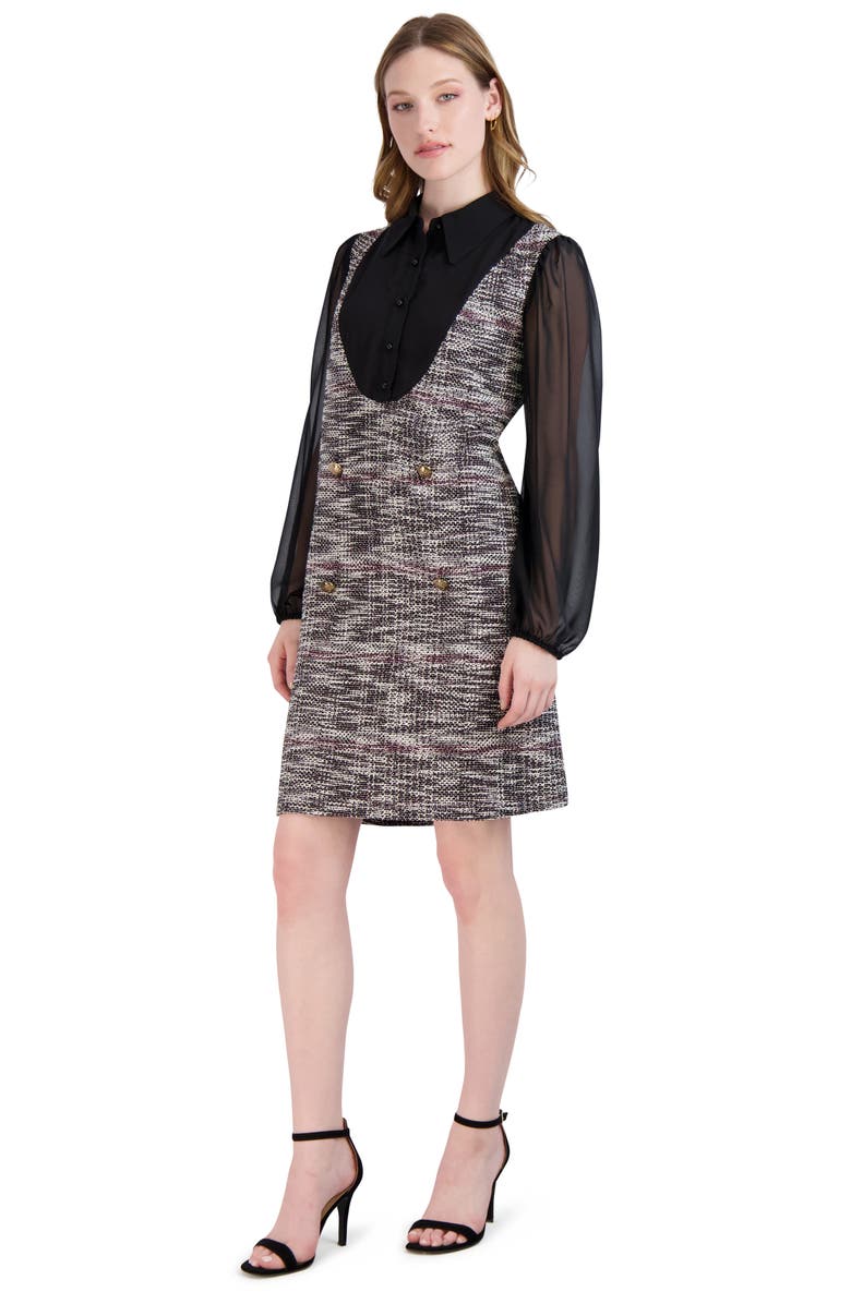 Julia Jordan Long Sleeve Mixed Media Pinafore Dress, Alternate, color, Black Multi
