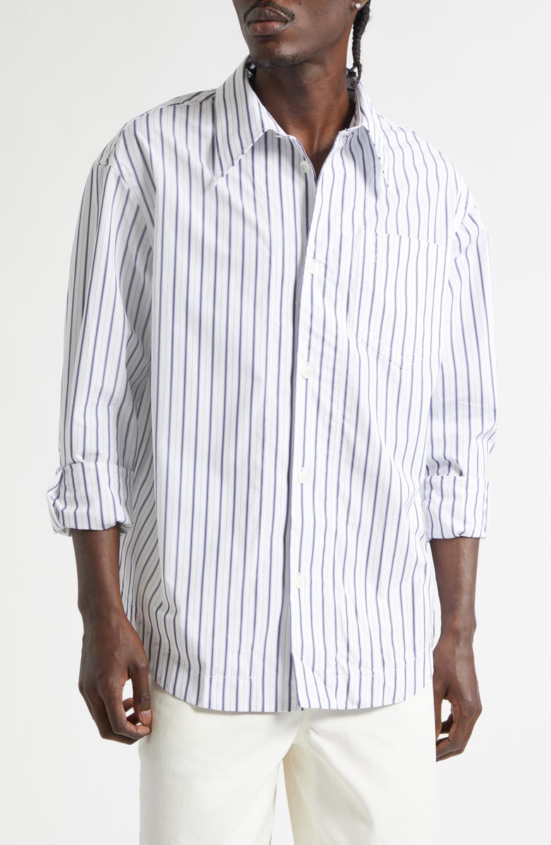 AMI PARIS Stripe Cotton Poplin Button-Up Shirt, Main, color, Blanc/ Encre