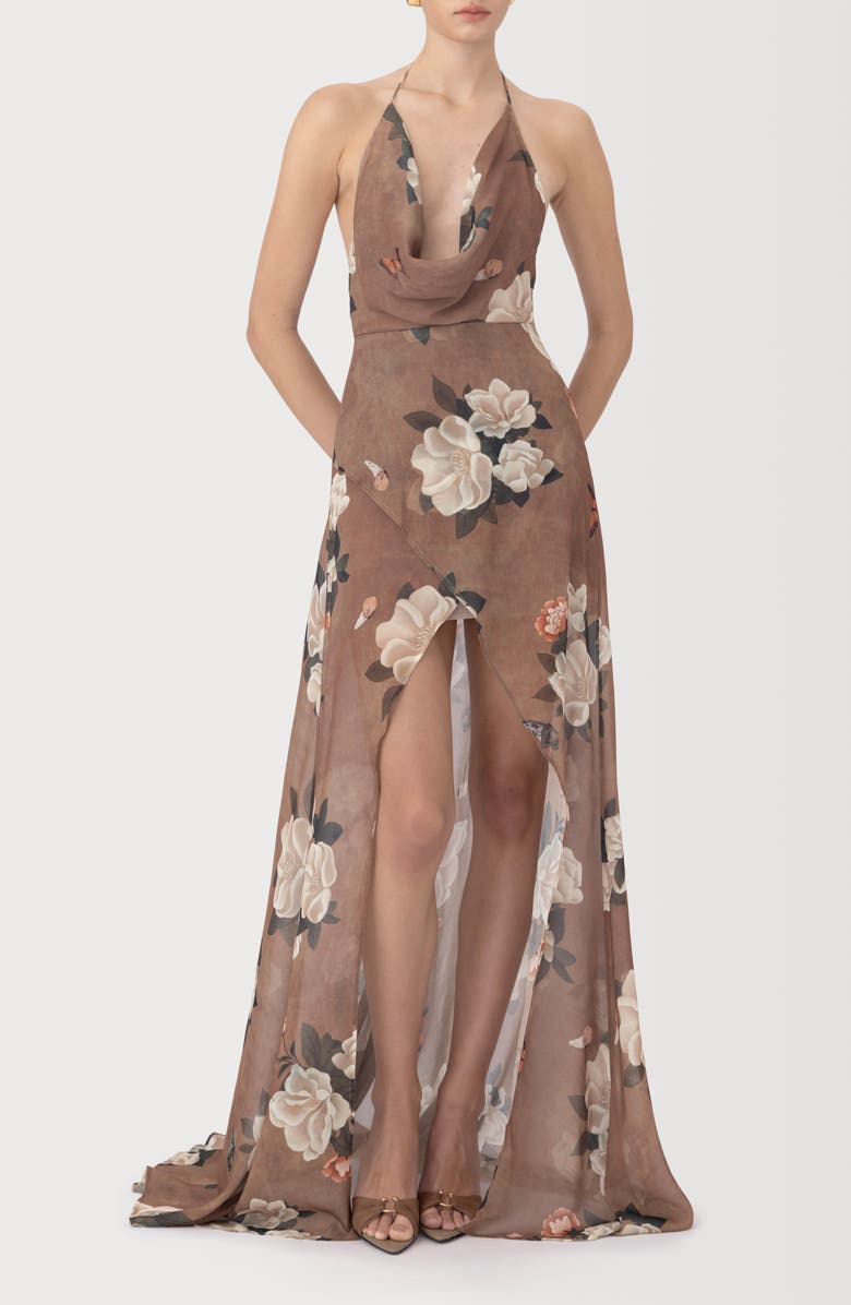 SAU LEE Cairo Floral Plunge Halter Neck Gown, Main, color, Desert Taupe