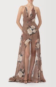 SAU LEE Cairo Floral Plunge Halter Neck Gown
