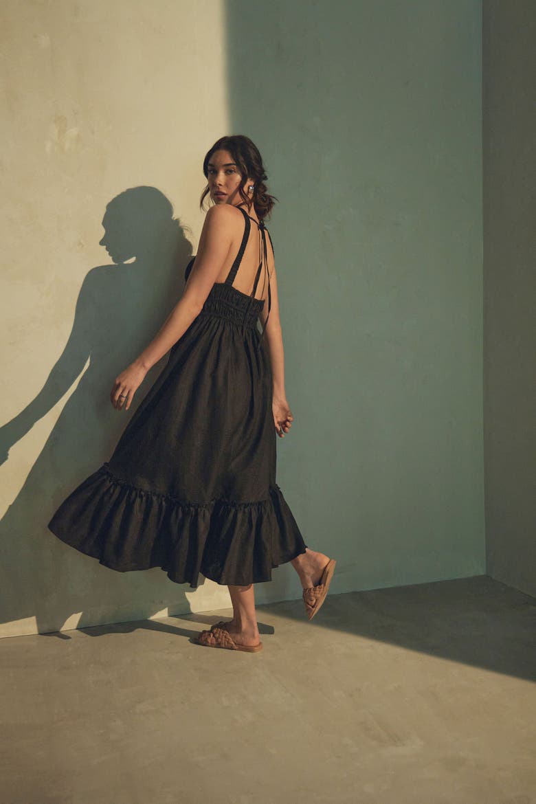 Amara Ruched Midi Linen Dress in Noir Black, Alternate, color, Noir Black