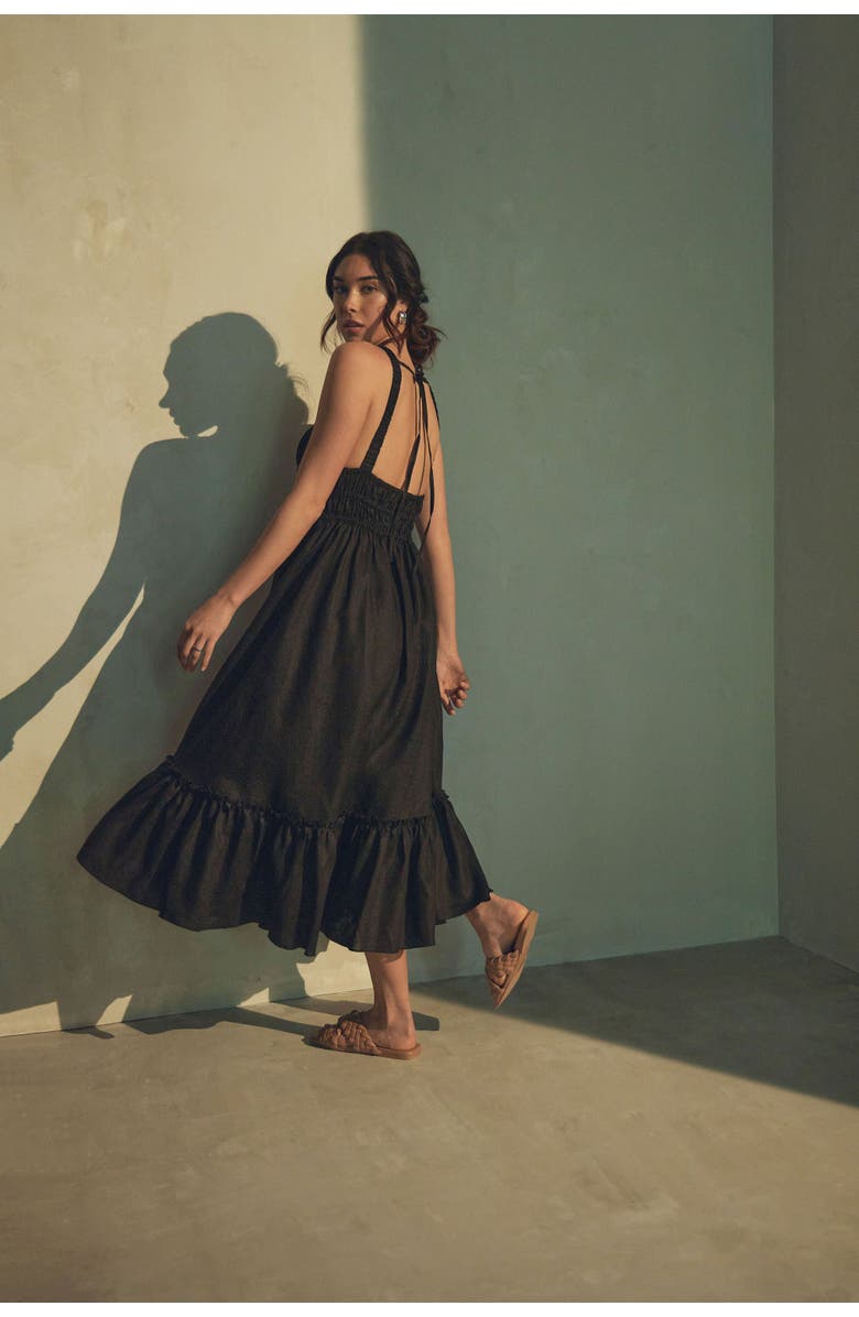 Vasiliki Amara Ruched Midi Linen Dress in Noir Black, Alternate, color, Noir Black