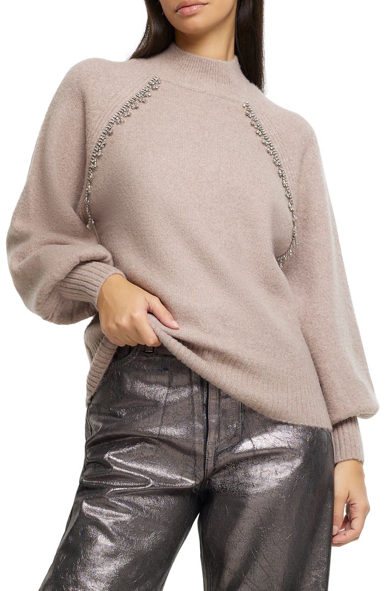 River Island Diamanté Fringe Mock Neck Sweater, Main, color, 