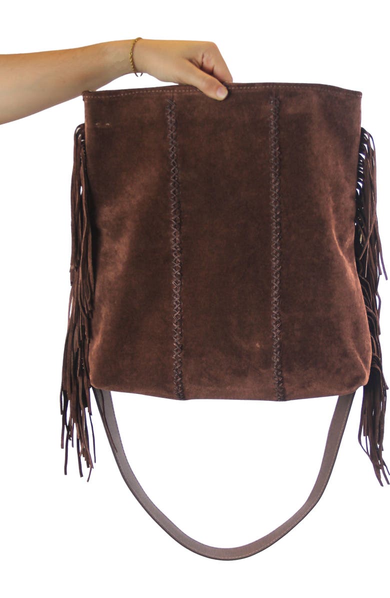 Carlos Falchi Large Fringe Suede Crossbody Messenger, Alternate, color, Cocoa
