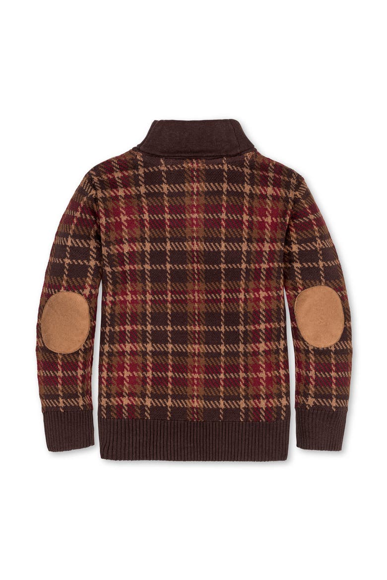 Kids' Organic Long Sleeve Intarsia Shawl Collar Sweater with Elbow Patches, Alternate, color, Fireside Plaid Intarsia
