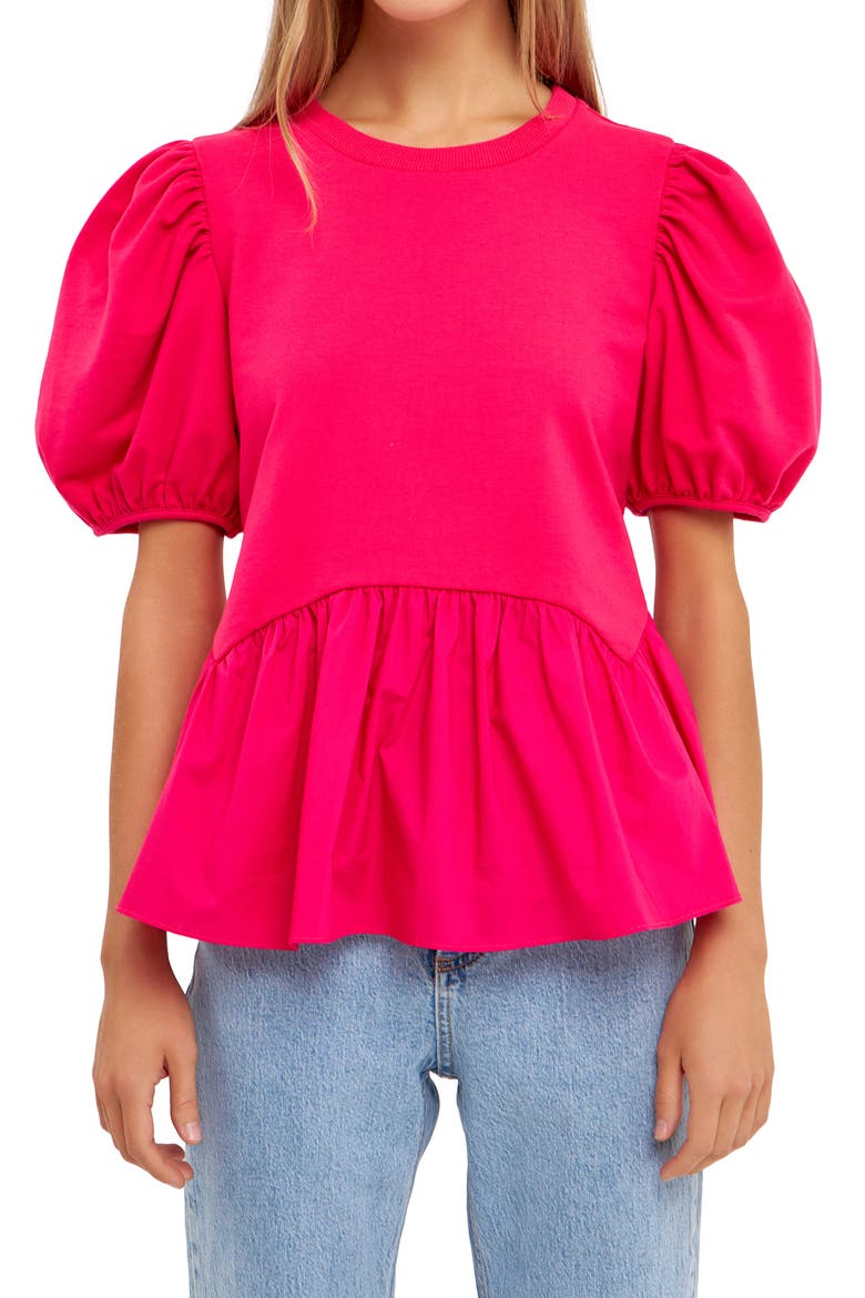 Mix Media Puff Sleeve Peplum Top, Alternate, color, FUCHSIA