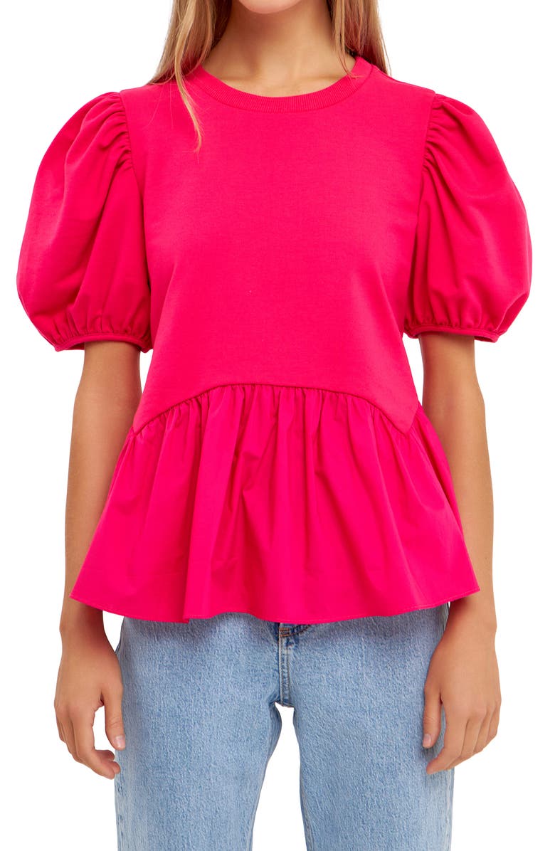 English Factory Mix Media Puff Sleeve Peplum Top, Alternate, color, Fuchsia
