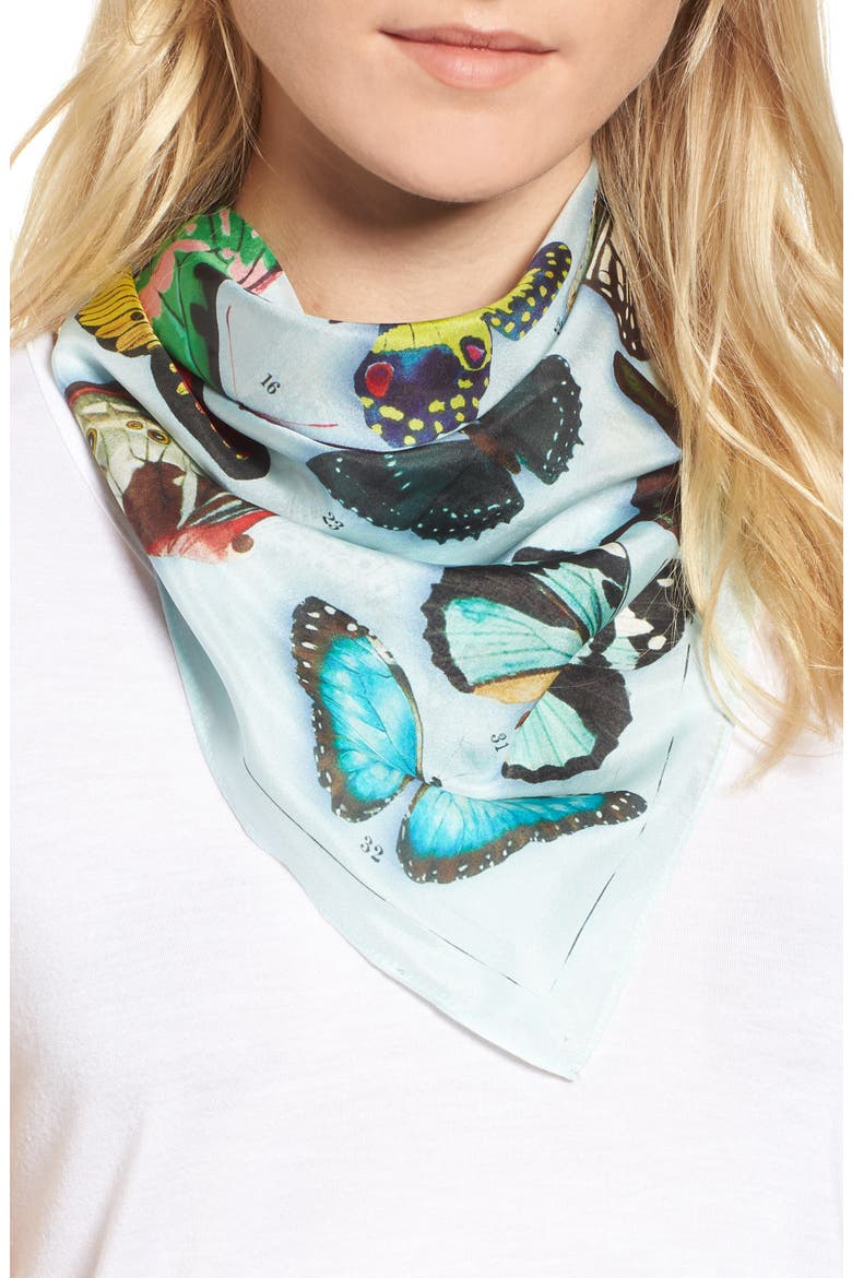 Print Silk Scarf, Main, color, BLUE BUTTERFLY BEAUTY PRINT